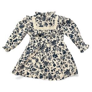 Janie And Jack Dress Baby Girls 6-12 Months White Blue Floral Cotton Ruffle